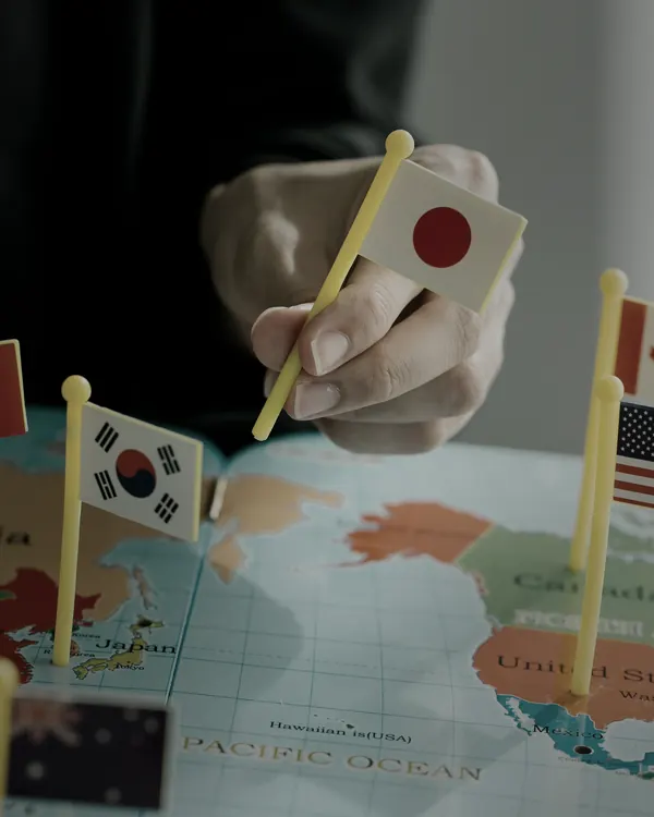 Bandeiras de vários países espetadas num mapa-múndi